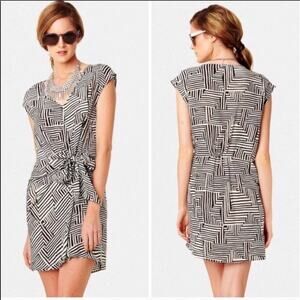 ANTHROPOLOGIE GREYLIN Black White Tie Waist Aztec Print Silk Mini Dress Medium